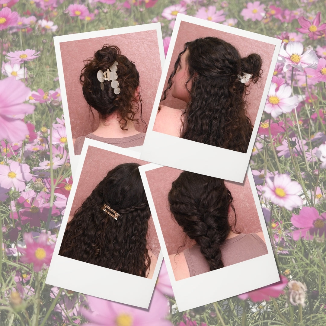 a field of Spring flowers with snapshots of cute Spring Hairstyles for Curlies