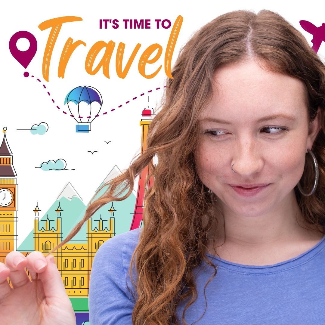 curly haired woman playing with a piece of hair with a graphic of landmarks behind here with the text
