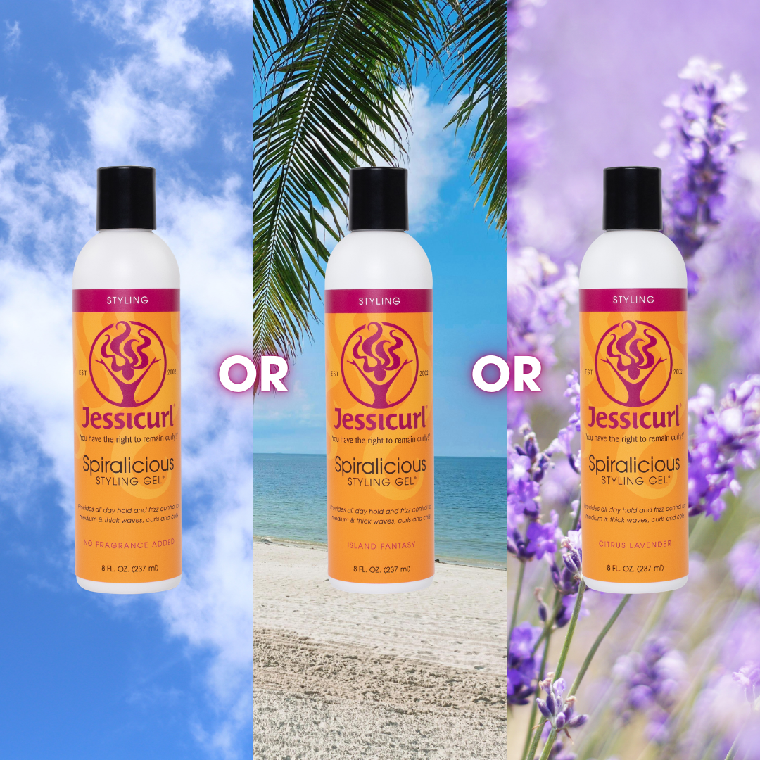 bottles of Spiralicious Styling Gel in different fragrances with different backgrounds for each scent