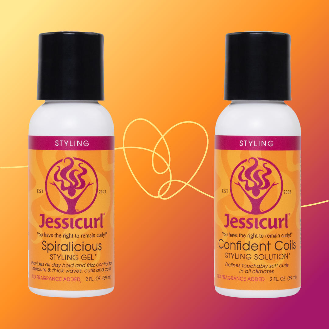 a bottle of Spiralicious Styling Gel and Confident Coils Styling Solution next to each other with a hear in between them