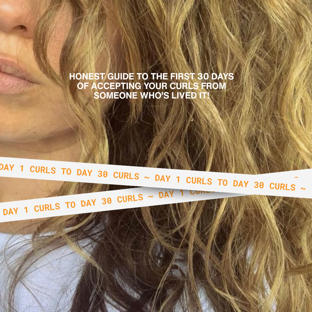 close up picture of Chief Educator Claire's hair on Day 1 of her curl journey with text superimposed on top saying
