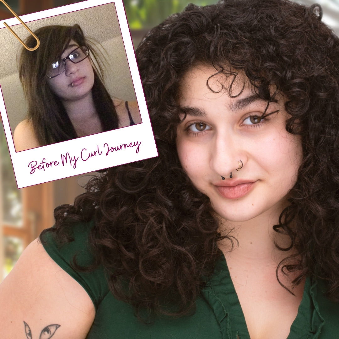 picture of smiling curly haired woman with a polaroid if her younger self in the corner of the image, showing before and after the woman embraces her natural texture and curly hair