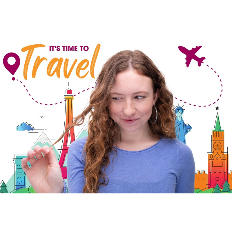 curly haired woman playing with a piece of hair with a graphic of landmarks behind here with the text 