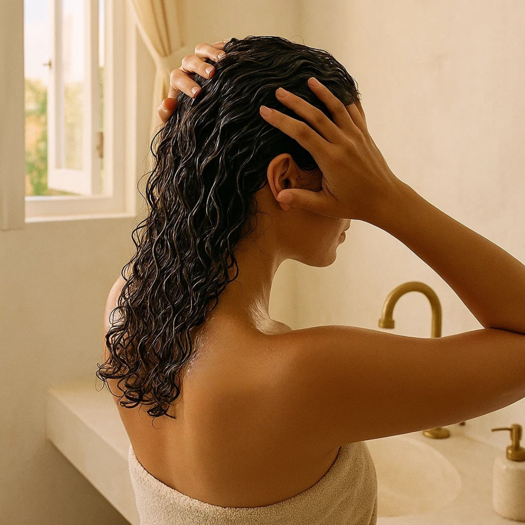 curly haired woman pictured from behind as she washes her hair