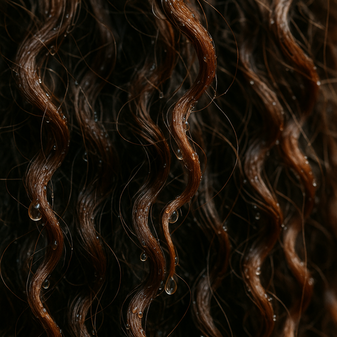 close up of a curly haired woman's hair with water droplets forming on the edges