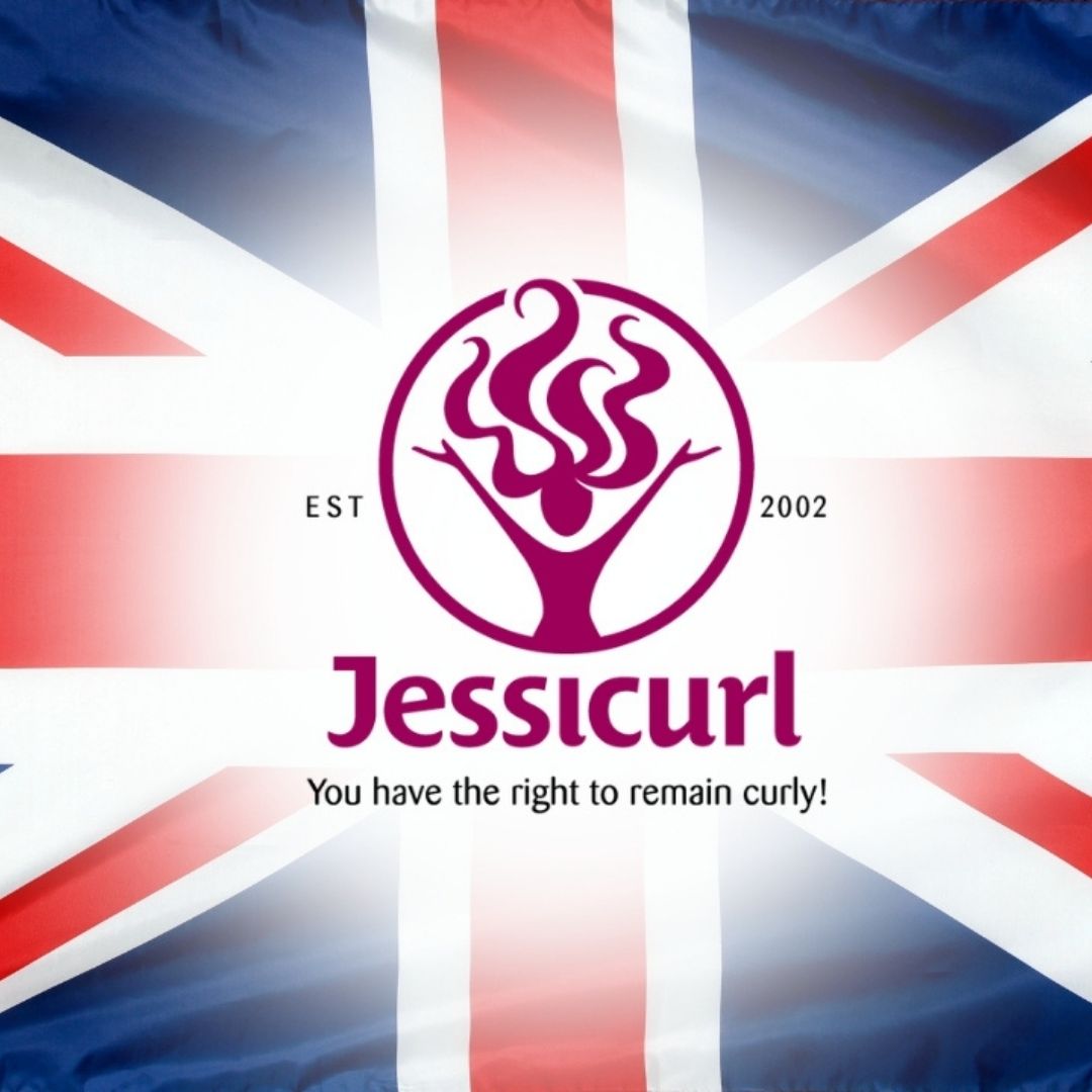 Jessicurl logo in plum with a white highlight background as it is superimposed on the British flag