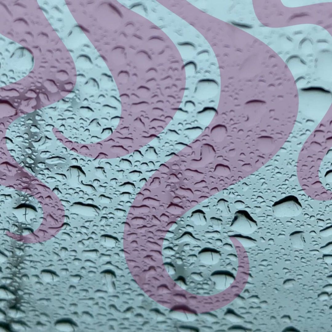 dew drops on glass with stylized curly hair superimposed against the glass