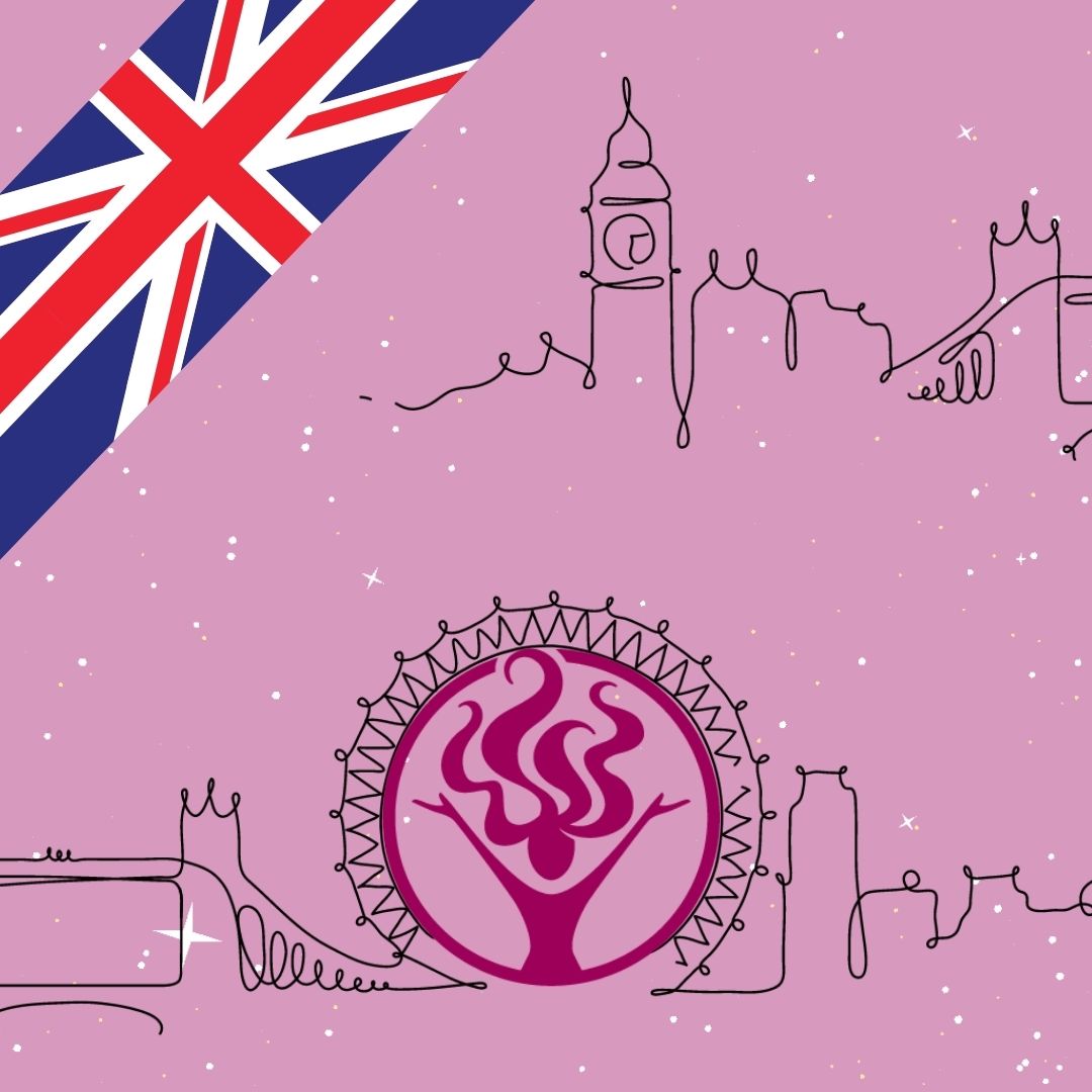 Jessicurl logo in plum on a lowered opacity plum background with outline of UK monuments surrounding it and the UK flag in the corner