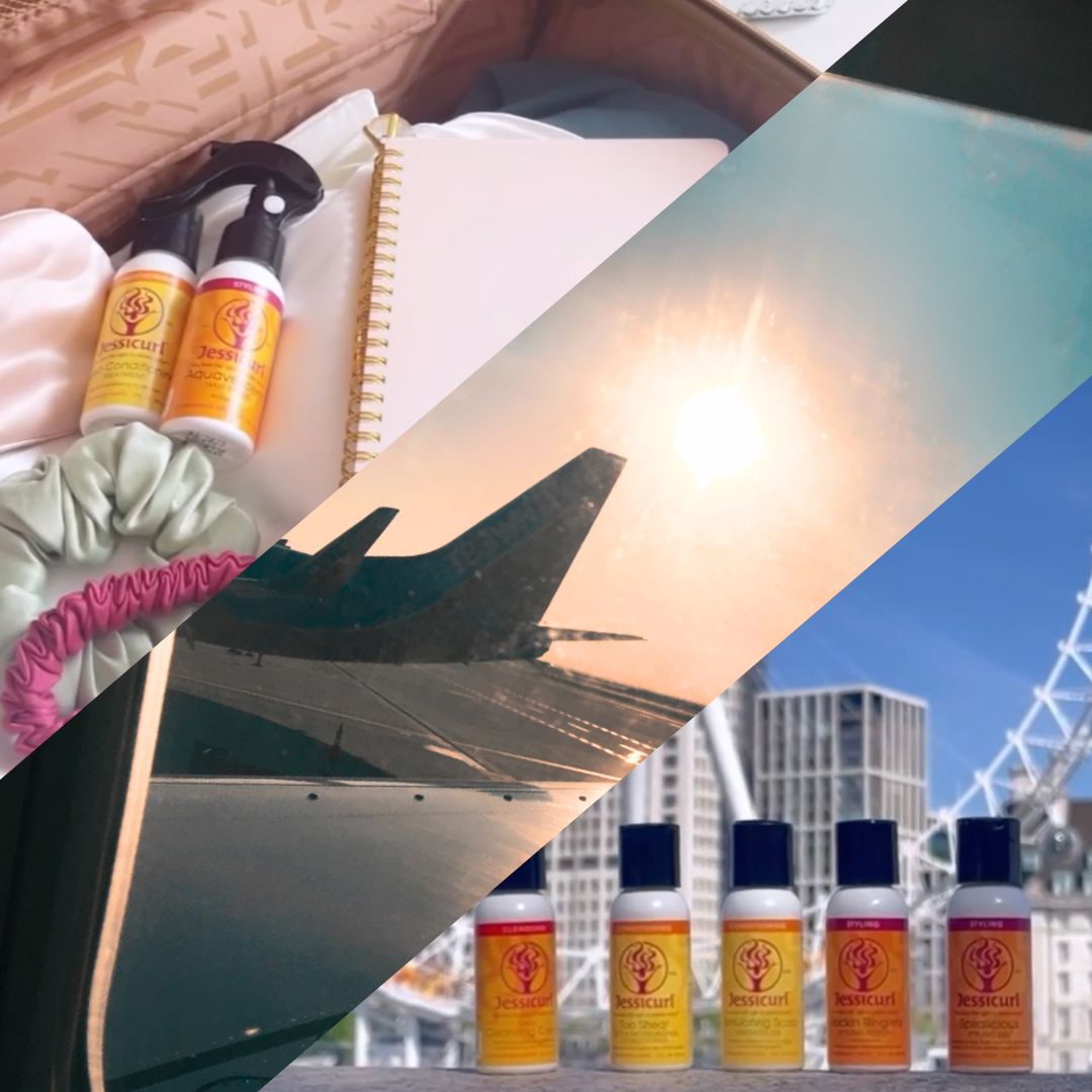 three images collaged together of product bottles in a suitcase, airplane windows, and product on a ledge with architecture in the background