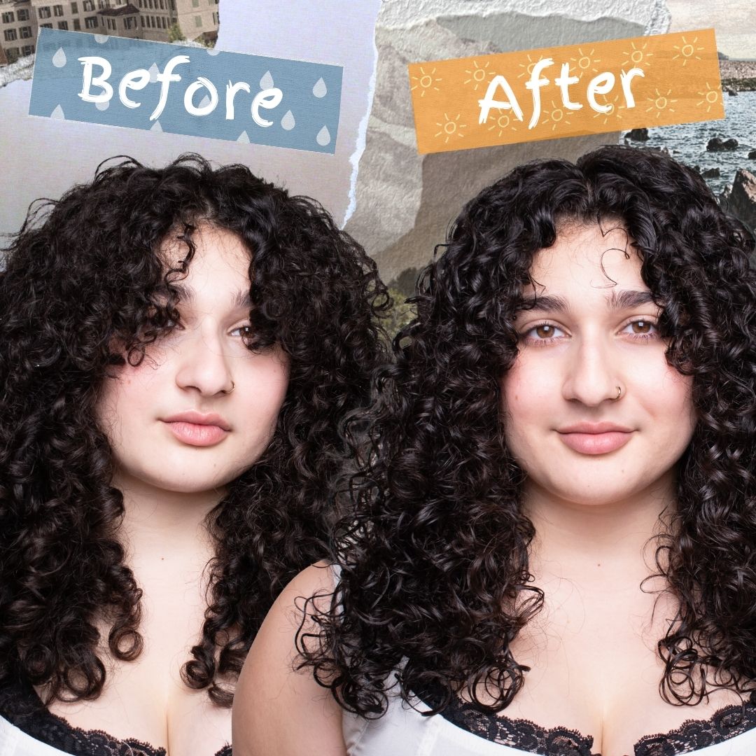 woman with curly hair in a before and after picture highlightine the use of Jessicurl products
