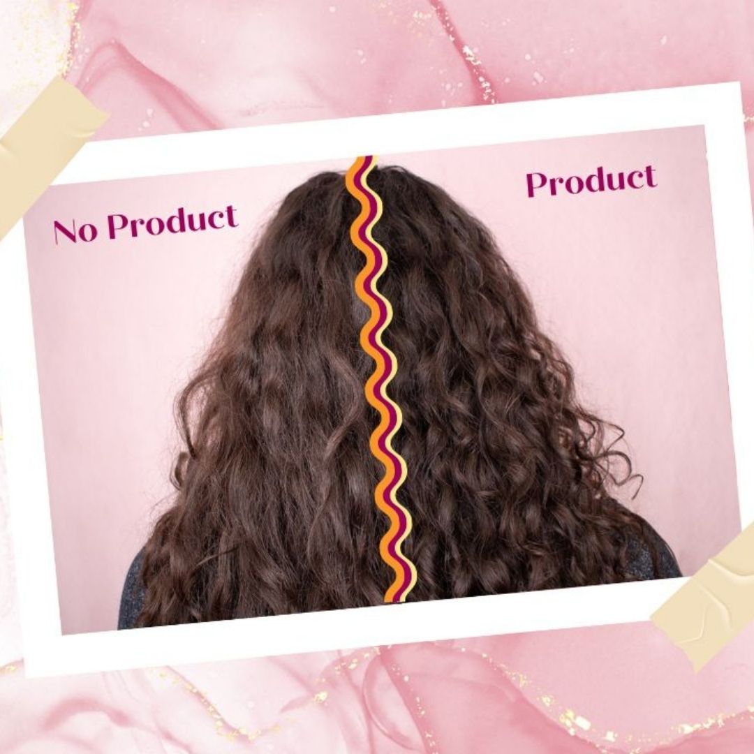 photo of back on woman's head divided in half to show one half has no product in the hair, and the other half has product in it
