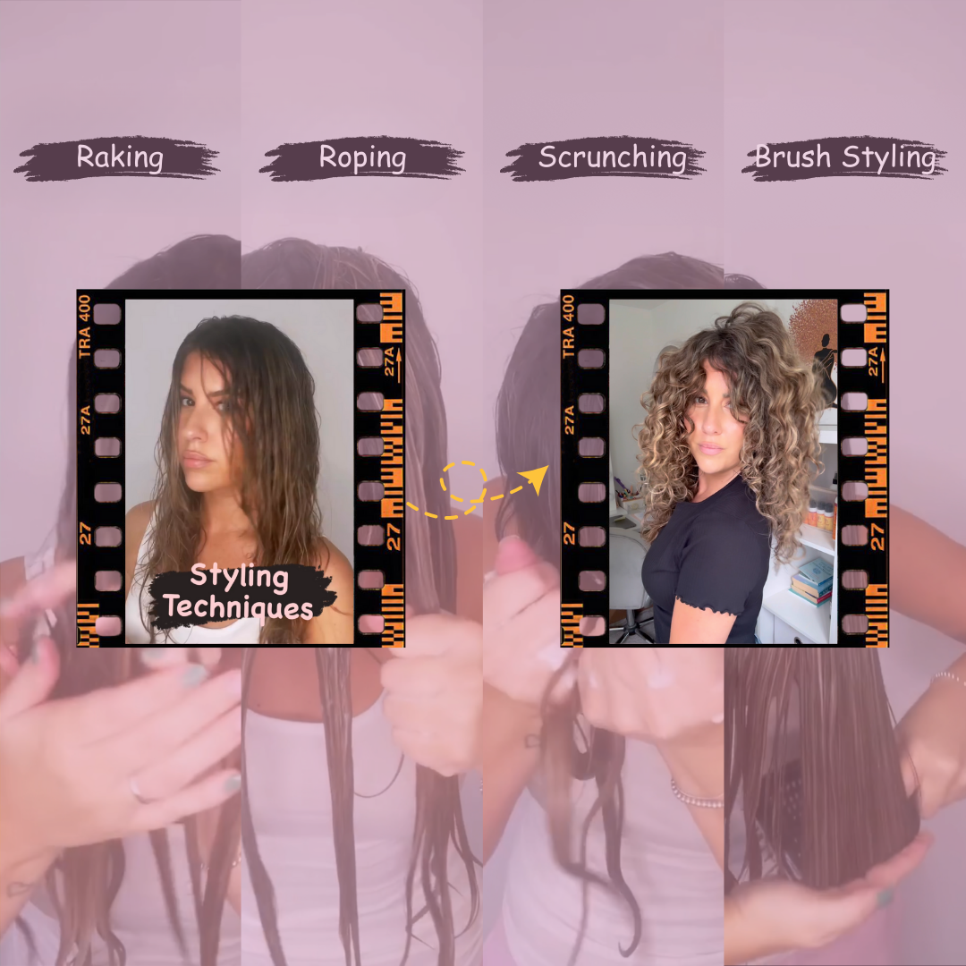 Chief Educator Claire displaying different styling techniques in a collage style background and a before and after image of her in focus