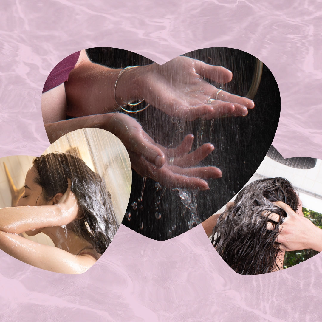 pink tinted water background with three heart-shaped cutouts showing curly haired women washing their curls