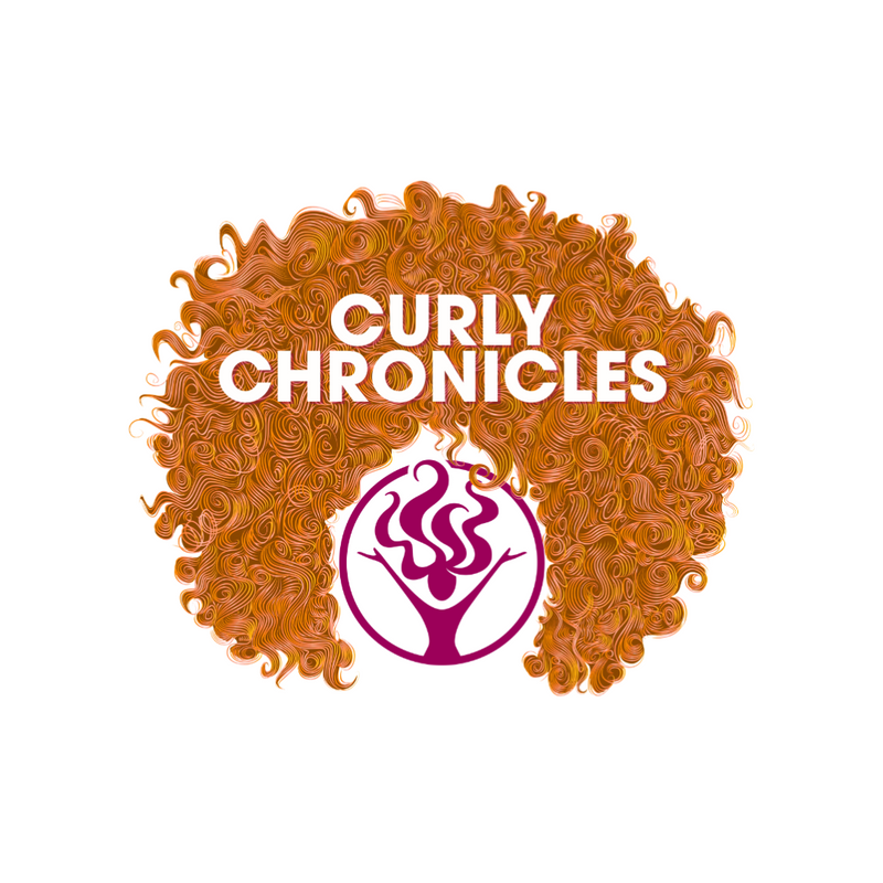 Jessicurl logo in plum surrounded by orange-red curly hair with the text CURLY CHRONICLES in white superimposed on it