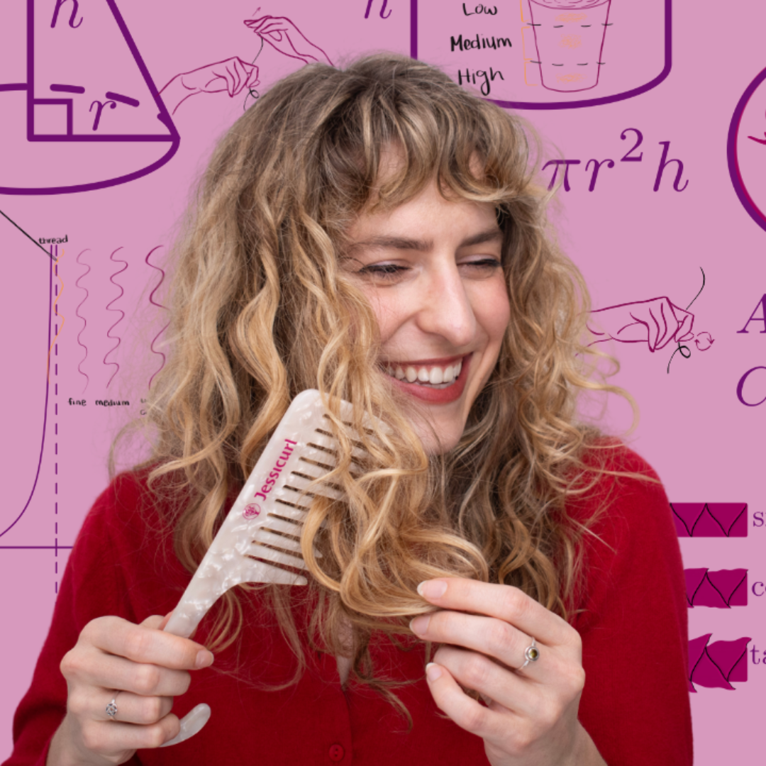 wavy haired woman smiling and combing her hair as math problems fly around behind her