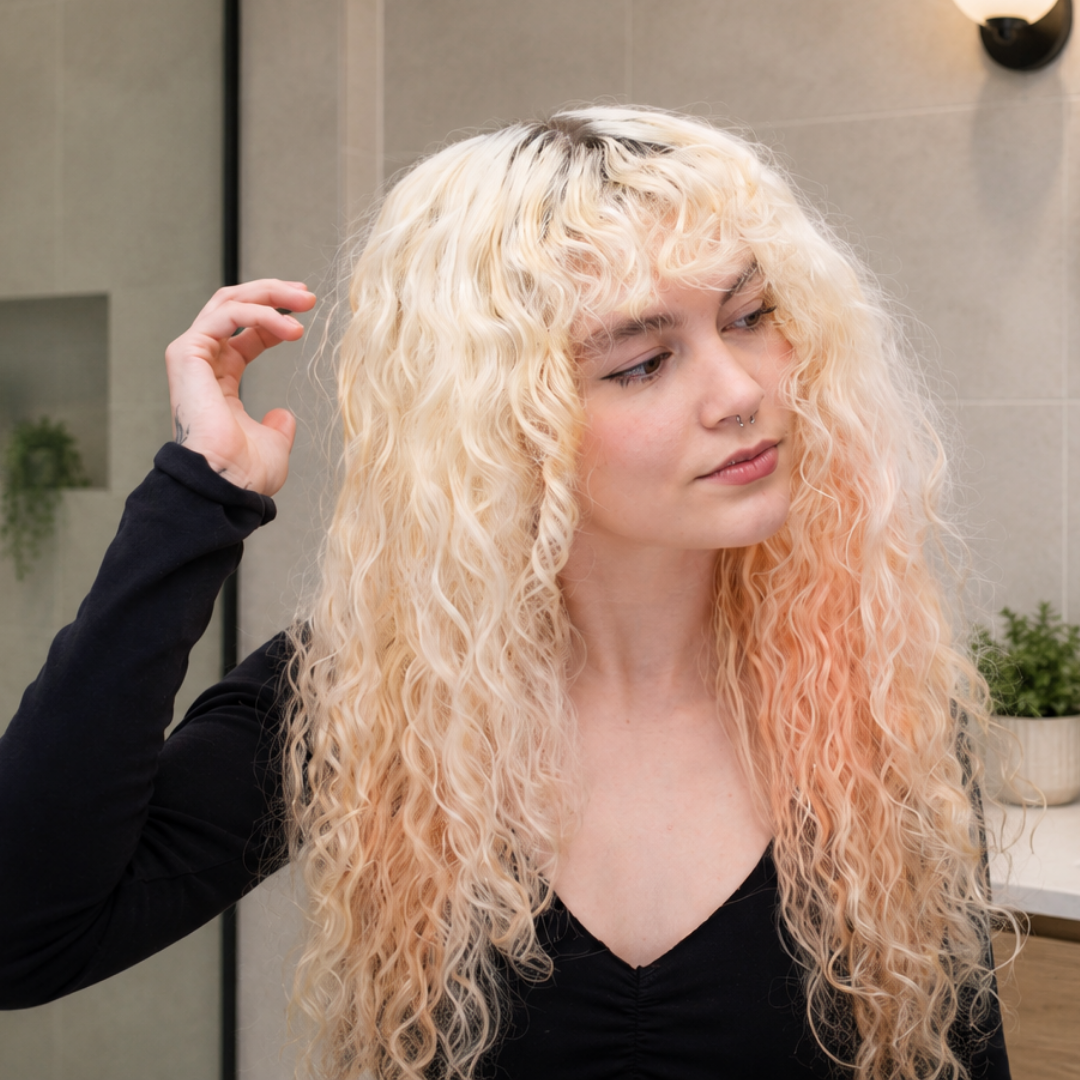 curly haired woman in the bathroom, touching her hair, while looking off camera
