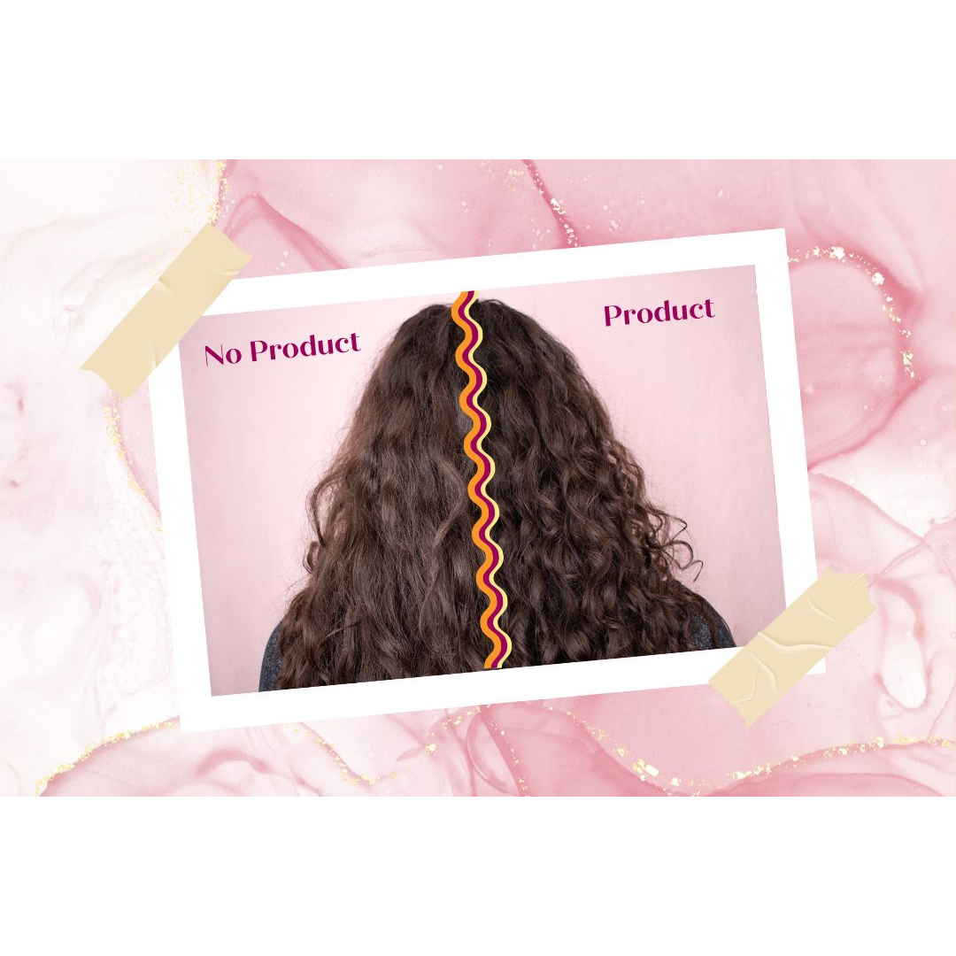 photo of back on woman's head divided in half to show one half has no product in the hair, and the other half has product in it