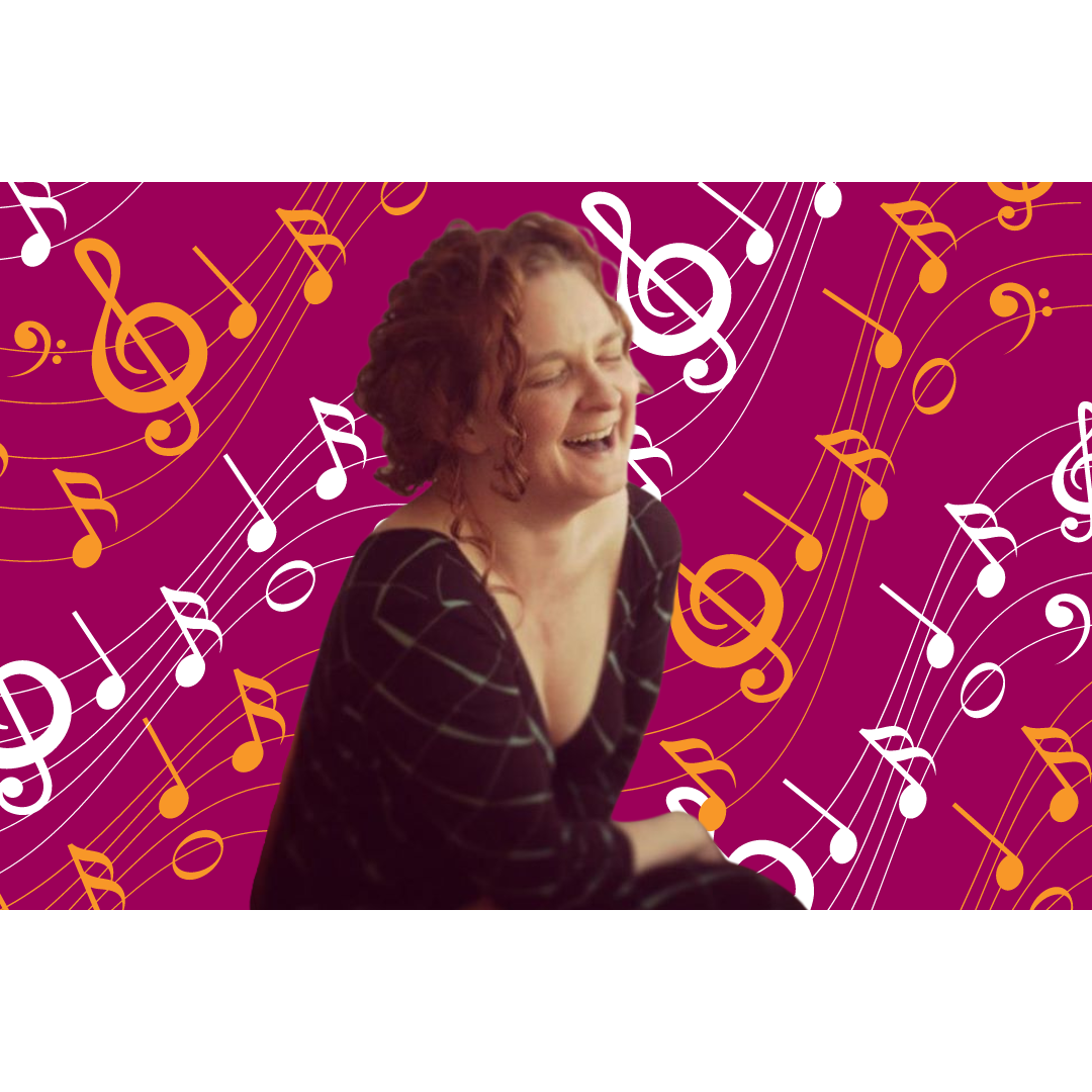 woman with curly hair laughing with a background of musical notes around her