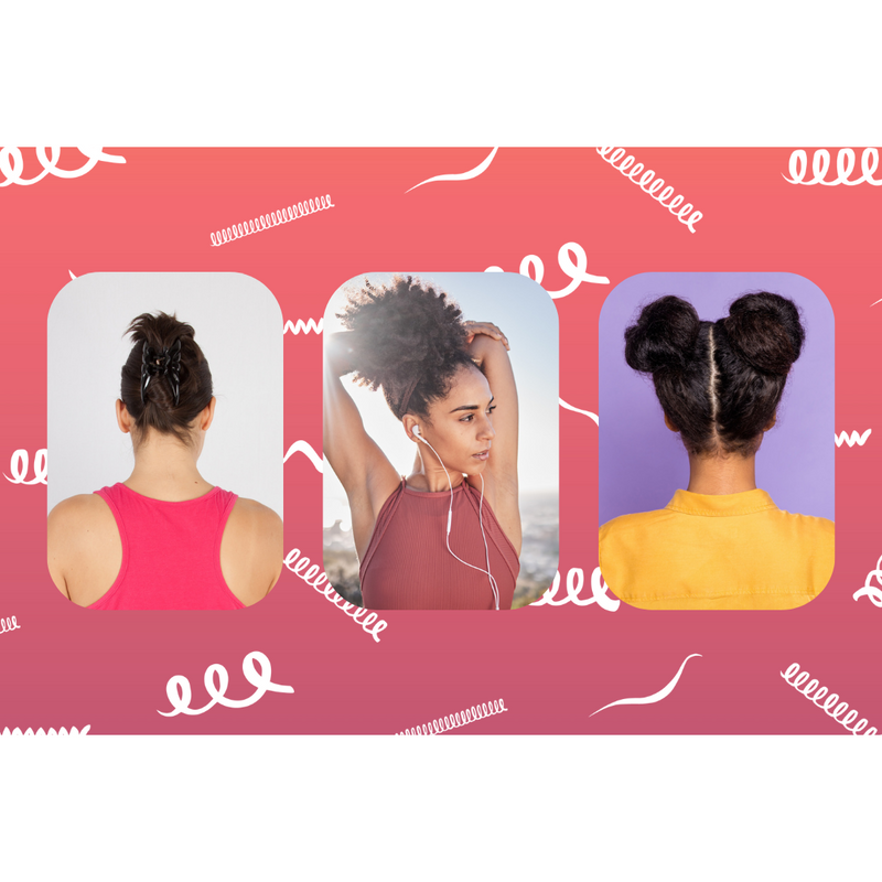 background of drawn curl patterns with three pictures of woman superimposed, each woman has her hair up in a different hair style, ready to work out